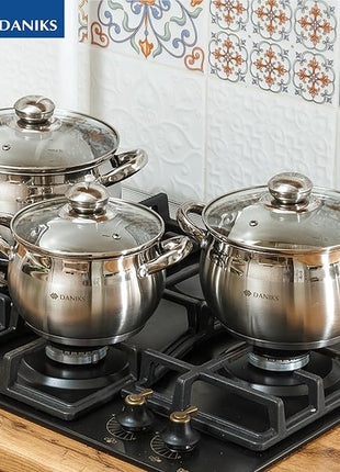 Daniks Classic 6-Piece Stainless Steel Induction Cookware Set – Dishwasher Safe Pots with Lids, Measuring Scale, Silver
