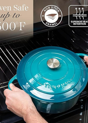 Nuovva Enamelled Cast Iron Dutch Oven Pot with Lid – 6.4 Quart Non Stick Casserole Pot – Heavy Duty & Oven Safe up to 500° F for Bread Baking, Braising, Stews, Roasting – 28cm Teal