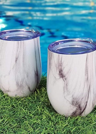 CHILLOUT LIFE 12 oz Stainless Steel Wine Tumblers 4 Pack - Double Wall Vacuum Insulated Wine Glasses Cups with Lids and Straws Set Keeping Cold & Hot for Coffee, Beer, Ice Cream - Carrara Marble
