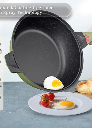 TIBORANG 8 in 1 Multipurpose 11 Inch 5 Quart Heat Indicator Nonstick Deep Frying Pan with Glass Lid,Steamed Grid,PFOA-Free,Dishwasher&Oven Safe,Works with All Stovetops (Olivedrab)