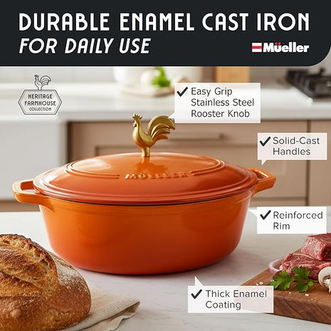 MUELLER HOME 5.5 Quart Enameled Cast Iron Oval Dutch Oven w Rooster Knob & Cotton Potholders, Heavy-Duty Cookware, Oven-Safe up to 500° F & Across All Cooktops, Gifts for Grandma & Women, Orange