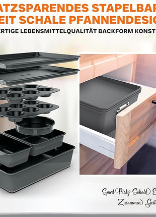NutriChef 8-Piece Nonstick Stackable Bakeware Set - PFOA, PFOS, PTFE Free Baking Pans Set w/Non-Stick Coating, 450°F Oven Safe, Round Cake, Loaf, Muffin, Wide/Square Pans, Cookie Sheet (Gray)