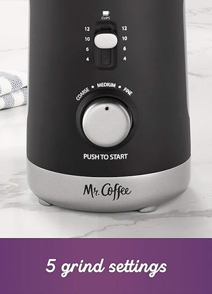 Mr. Coffee Automatic Coffee Grinder with 5 Presets, 12 Cup Capacity, Black – Ideal for Home Use and Espresso Lovers