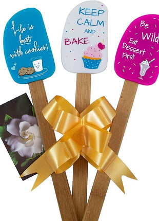 3 Piece Fun Silicone Spatula Gift Set with lovely bow and photo gift card. Easy clean, durable, high temperature and stain resistant. Bamboo handles. Great for gifts, baking, cooking, sauteing.