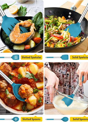 Pack of 4 Silicone Cooking Utensils Set, Non Stick Large Solid Spatulas, Heat Resistant Blue Slotted Spoons, Ideal BPA Free Kitchen Turners for Frying, Mixing,Serving,Draining,Turning,Stirring