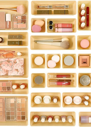 Vtopmart 25 PCS Plastic Drawer Organizers Set, 4-Size Versatile Bathroom and Vanity Drawer Organizer Trays, Storage Bins for Makeup, Bedroom, Kitchen Gadgets Utensils and Office