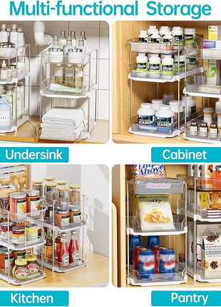 Delamu 2 Sets of 3-Tier Bathroom Under Sink Organizers and Storage, Multi-Purpose Stackable Pantry Organization and Storage, Pull Out Clear Kitchen Bathroom Cabinet Organizer with Movable Dividers