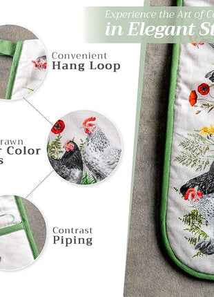 Maison d' Hermine Double Oven Mitts 100% Cotton 7"x35" Double Oven Mitt Heat Resistant BBQ Cooking Gloves with Loop, Baking, Grilling, Home, Kitchen, Handling Hot Pans Spring Summer (Basse Cour)