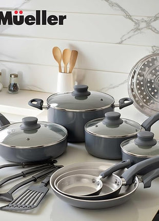 Mueller 16-Piece Healthy Stone Pots and Pans Set Non Stick, Non Toxic Ceramic Cookware Set, Dishwasher Safe, w Frying Pans, Sauce Pan, Steamer, Vac-Free Vented Glass Lids, Kitchen Utensils, Slate
