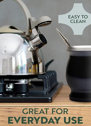 Norte Yerba Mate Cup Kit, 8-Ounces Traditional Mate Tea Cup/Gourd Set | Includes 2 Bombillas (Yerba Mate Straw) & Cleaning Brush, Stainless Steel Cup, Double-Walled, Easy to Clean | Black