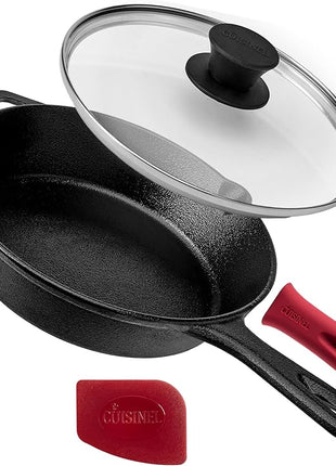 Cuisinel Cast Iron Skillet with Lid - 8"-Inch Frying Pan + Glass Cover + Silicone Grip Handle Holder - Pre-Seasoned Cookware - Indoor/Outdoor, Grill, Stovetop, Camping Fire, Induction Oven Use