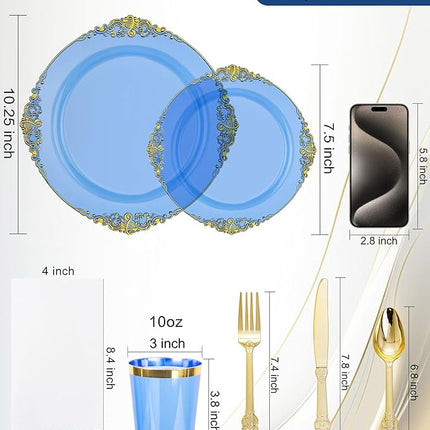 Nervure 350PCS Blue Plastic Plates - Blue Plastic Dinnerware Sets for 50 Guests - 100 Disposable Plates, 150 Gold Silverware, 50 Cups, 50 Napkins for Wedding & Party & Thanksgiving Day