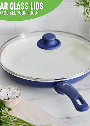 GreenLife Soft Grip Healthy Ceramic Nonstick, 12" Frying Pan Skillet with Lid, PFAS-Free, Dishwasher Safe, Blue