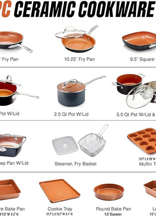 Gotham Steel True 20 Pc Ceramic Cookware Set Nonstick, Ceramic Pots and Pans Set Non Stick with Deep Square Pan Set & Bakeware Set, Non Toxic PFOA PFOS Free, Oven & Dishwasher Safe, No Cheater Pieces