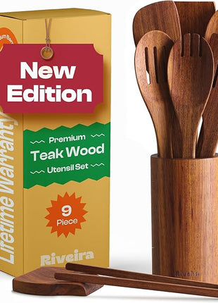 Riveira Teak Wooden Cooking Utensils Set of 9 Premium Quality Non-Toxic Wooden Spoons & Spatulas for Cooking, Stirring, Flipping & Serving
