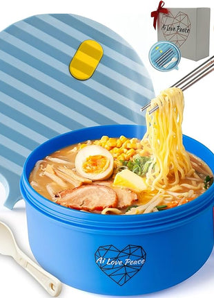 AI LOVE PEACE Ramen Bowl, 40 oz Microwaveable Noodle Cooker for Ramen, Pho, Soup, and Pasta, Dishwasher Safe and Portable, Ideal for Home, Office, Dorm, or Gift (Blue)
