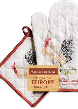 Maison d' Hermine 100% Cotton Oven Mitt & Pot Holder Set (7.5"x13" & 8"x8") Heat Resistant BBQ Cooking Gloves with Loop, Baking, Grilling, Kitchen, Handling Hot Pans Spring/Summer (Campagne)