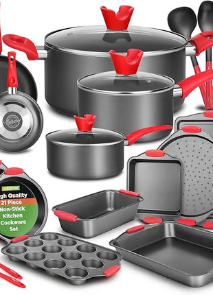 NutriChef 21-Piece Nonstick Cookware Set - PTFE/PFOA/PFOS Free Heat Resistant Lacquer Kitchen Ware Pots Pan w/ Cool-Touch Handles, Saucepan, Fry Pans, Lid, Bakeware, For Gas Electric Ceramic Cooktops