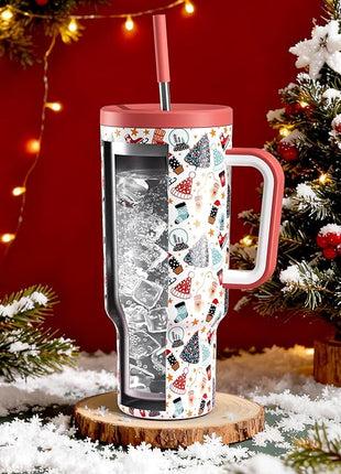 Meoky 40 oz Christmas Tumbler with Handle and Straw, Xmas Tumbler with Lid and Straw, Insulated Stainless Steel Travel Mug, Christmas Gifts for Women Men Adults (Snowy Fir)