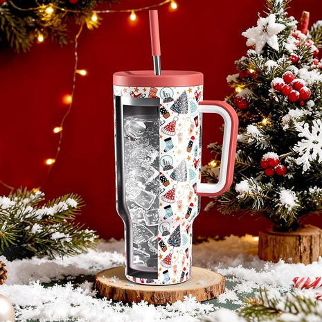 Meoky 40 oz Christmas Tumbler with Handle and Straw, Xmas Tumbler with Lid and Straw, Insulated Stainless Steel Travel Mug, Christmas Gifts for Women Men Adults (Snowy Fir)