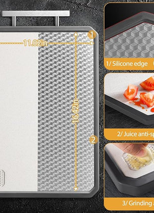 Stainless Steel Cutting Board for Kitchen, Large Chopping Board（16.42×11 In）Double Sided Non-Slip Edge Scratch-resistant Mesh Design, Food-Grade Wheat Straw PP, Non Toxic Cutting Board,Easy to Clean