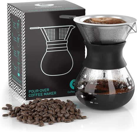 Coffee Gator Pour Over Coffee Maker Portable - 10.5oz High Heat Borosilicate Glass w/Reusable Stainless Steel Filter, Drip Coffee Brewer Pourover Dripper Set Carafe, 300ml Black