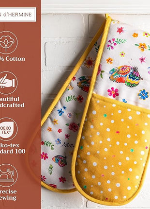 Maison d' Hermine Double Oven Mitts 100% Cotton 7"x35" Double Oven Mitt Heat Resistant BBQ Cooking Gloves with Loop, Baking, Grilling, Kitchen, Handling Hot Pans Spring Summer (Happy Florals - Sweety)