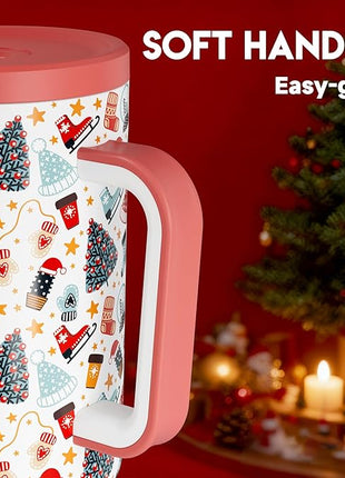 Meoky 40 oz Christmas Tumbler with Handle and Straw, Xmas Tumbler with Lid and Straw, Insulated Stainless Steel Travel Mug, Christmas Gifts for Women Men Adults (Snowy Fir)