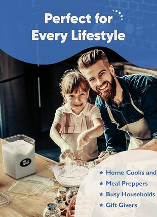 Chef's Path Kitchen Storage Box Set of 4 Extra Large Airtight Food Storage Jars for Sugar Flour Cereal Rice - Measuring Spoons, Pen and Food Preservation Labels (5.2 L)