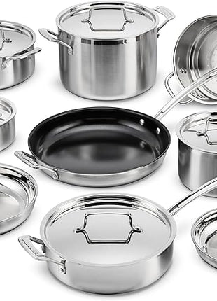 Cuisinart 15 Piece Cookware Set, MultiClad Pro Triple Ply, Silver, MCP-15N