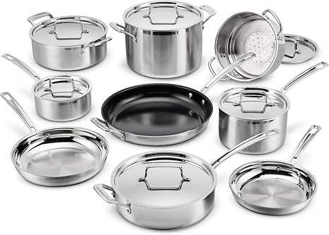 Cuisinart 15 Piece Cookware Set, MultiClad Pro Triple Ply, Silver, MCP-15N