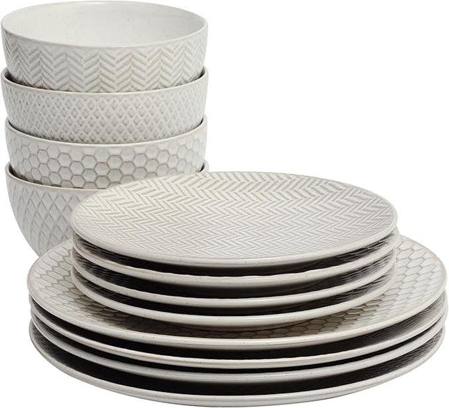 Gibson Elite Oyster Tide Embossed 12 Piece (Service for 4) Plates and Bowls Reactive Glaze Round Dishes Stoneware Ceramic Dinnerware Set, White