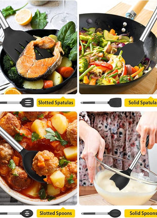 Pack of 4 Silicone Cooking Utensils Set, Non Stick Large Solid Spatulas, Heat Resistant Black Slotted Spoons, Ideal BPA Free Kitchen Turners for Frying, Mixing,Serving,Draining,Turning,Stirring