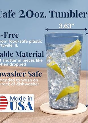 US Acrylic Cafe Plastic Reusable Tumblers (Set of 16) 20-ounce Water Cups in Grey | Value Set of Restaurant Style Drinking Glasses, Stackable, BPA-free, Made in the USA | Top-rack Dishwasher Safe