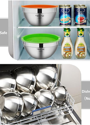 YIHONG 7 Piece Metal Mixing Bowls with Lids for Kitchen, Stainless Steel Set Ideal for Baking, Prepping, Cooking and Serving Food, Nesting Design for Space Saving Storage