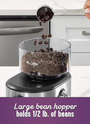 Mr. Coffee Burr Coffee Grinder Automatic Grinder with 18 Presets for French Press Drip and Espresso 18-Cup Capacity Stainless Steel