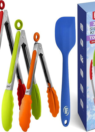 Kaluns Kitchen Tongs for Cooking Grilling Set of 4, BBQ Grill Tongs With Silicone Tip Stainless Steel Heat Resistant, Non-stick Pull Lock, Incl 7, 9, 12 Inch Tong Plus a Silicone Spatula