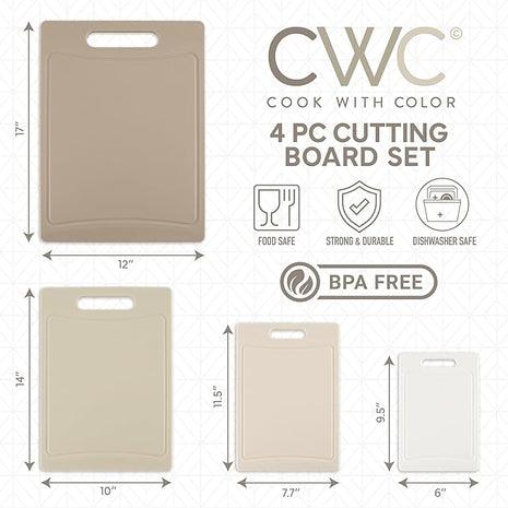COOK WITH COLOR Non-Slip Cutting Board Set – Kitchen Essentials with Easy Grip Handle for Meat, Veggies, and Fruits, 4 Cutting Boards, Brown