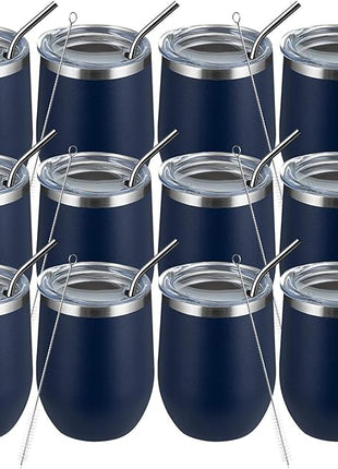 MEWAY 12oz/12 Pack Wine Tumbler Glasses with Lid -Double Wall Vacuum Stainless Steel Travel Tumbler Mug,Stemless Insulated Wine Cup for,Coffee,Cocktails,Gifts (Navy,Set of 12)