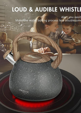 POLIVIAR Tea Kettle, 2.7 Quart Natural Stone Finish with Wood Pattern Handle Loud Whistle Food Grade Stainless Steel Teapot, Anti-Hot Handle and Anti-Rust, Suitable for All Heat Sources (JX2018-GR20)