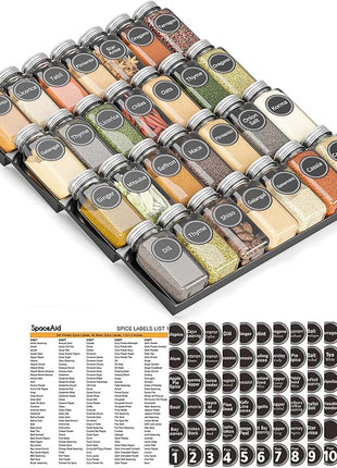 SpaceAid Spice Drawer Organizer with 28 Spice Jars, 386 Spice Labels, 4 Tier Seasoning Rack Tray Insert for Kitchen Drawers, 13" Wide x 17.5" Deep