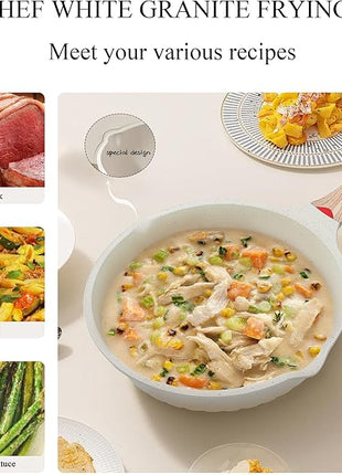 Vinchef Nonstick Deep Frying Pan, Saute Pan with Lid, 11"/5Qt, German 3C+ Ceramic Coating, Induction Compatible, White Color, Cookware for Kitchen