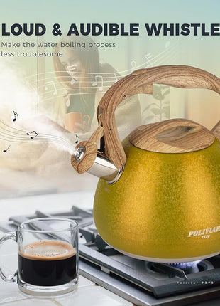 POLIVIAR Tea Kettle, 2.7 Quart Stovetop Tea Kettle, Audible Whistling Teapot with Crackle Finish, Food Grade Stainless Steel for Anti-Rust, Anti Hot Handle, Suitable for All Heat Sources (JX2023-LRY)
