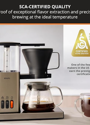 KRUPS Essential Brewer 8 Cup Drip Coffee Maker Machine, SCA-Certified, Blooming Technology, Barista-Quality, Pour Over Coffee Machine, Easy to Clean, Stainless Steel Design, Silver
