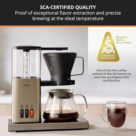 KRUPS Essential Brewer 8 Cup Drip Coffee Maker Machine, SCA-Certified, Blooming Technology, Barista-Quality, Pour Over Coffee Machine, Easy to Clean, Stainless Steel Design, Silver