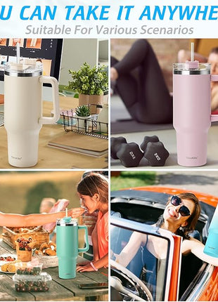 40 oz Tumbler with Handle and Straw, Pink Insulated Travel Mug Iced Coffee Cup, Reusable Stainless Steel Insulated Water Bottle, Keeps Drinks Cold for 34 Hours, Women Christmas Gifts for Mom Grandma