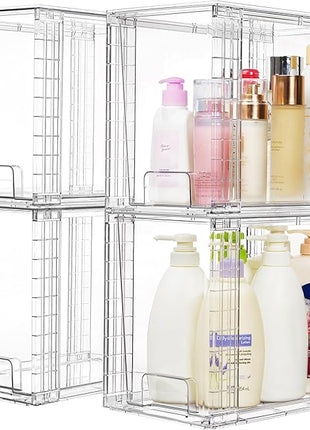 Vtopmart 4 Pack Clear Stackable Storage Drawers,9.7" High Plastic Organizers Bins for Skincare, Bathroom Supplies,Ideal for Cabinet,Undersink,Vanity,Kitchen,Pantry Organization