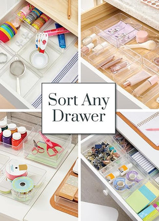 STORi SimpleSort 6-Piece Stackable Clear Drawer Organizer Set | 6" x 6" x 2" Square Trays | Small Makeup Vanity Storage Bins and Office Desk Drawer Dividers | Made in USA