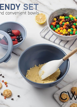 COOK WITH COLOR Mixing Bowls with TPR Lids - 12 Piece Plastic Nesting Bowls Set includes 6 Prep Bowls and 6 Lids, Microwave Safe Mixing Bowl Set (Blue and White)