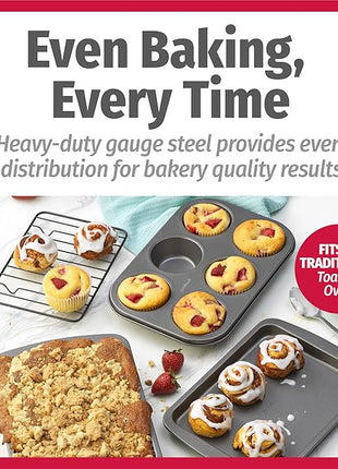 GoodCook 4-Piece Nonstick Steel Toaster Oven Set with Sheet Pan, Rack, Cake Pan, and Muffin Pan, Gray, 4-Piece Set Distributes Heat Evenly, Nonstick Coating, Dishwasher-Safe